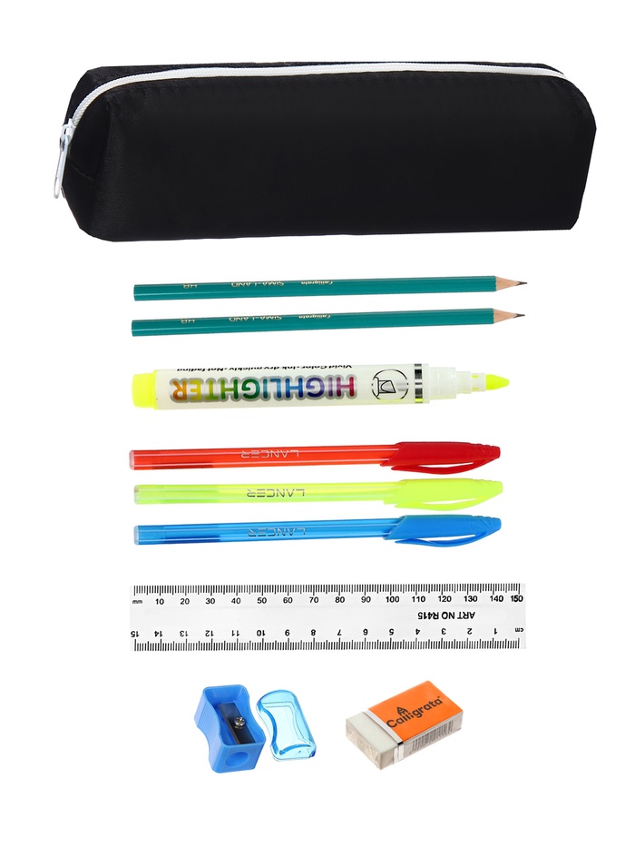 Пенал школьный с наполнением 9 предметов, на молнии, чёрный - Фото 1