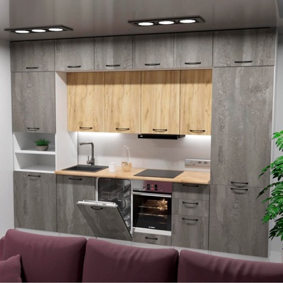 Кухонный гарнитур прямой трёхуровневый под потолок «Сапфир 2», с ручками, 3000 мм, цвет бетон тёмный/дуб золотой