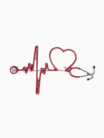 Брошь «Стетоскоп» кардиограмма, цвет красный в серебре