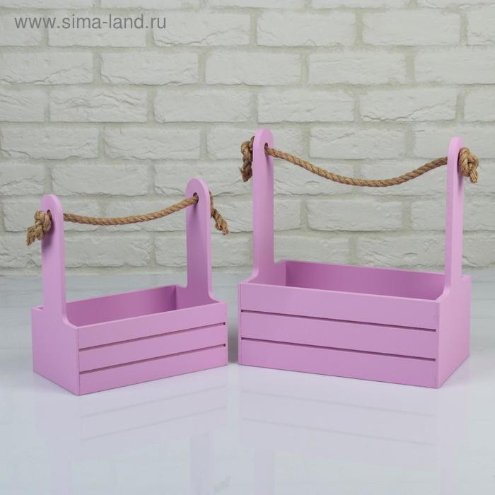 Набор кашпо деревянных 2 в 1 (25×15×30; 21×12×23 см) "Dear", ручка канат, сирень - Фото 1