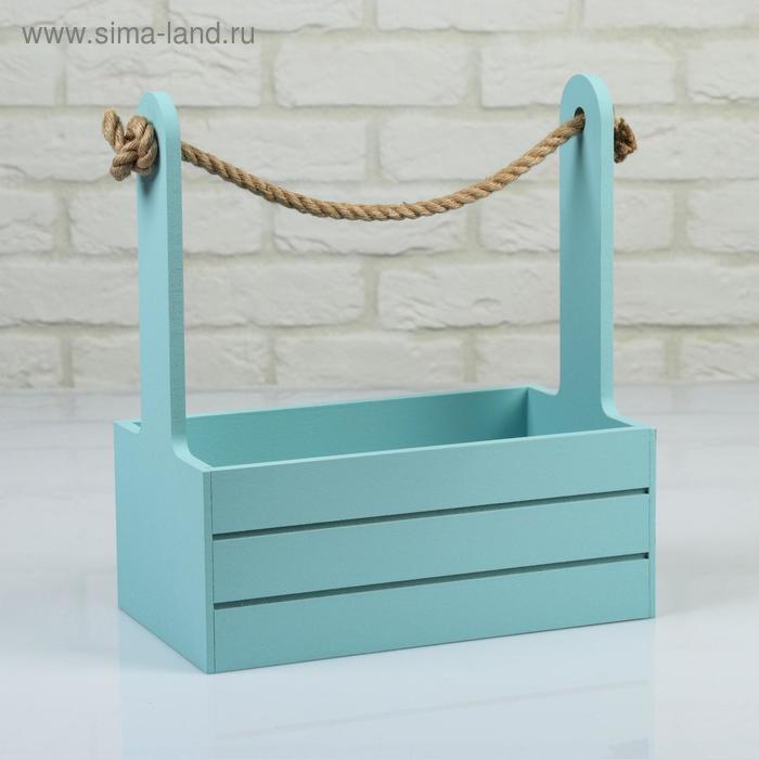 Кашпо деревянное 25.5×15×30 см "Аром", ручка канат, серо-голубое - Фото 1