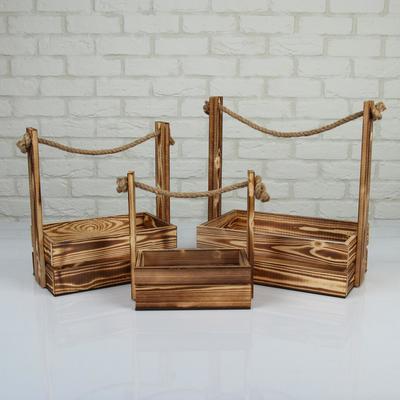 Подарочный ящик «Аром», деревянный, ручка - канат, цвет обожжённое дерево, набор 3 шт.