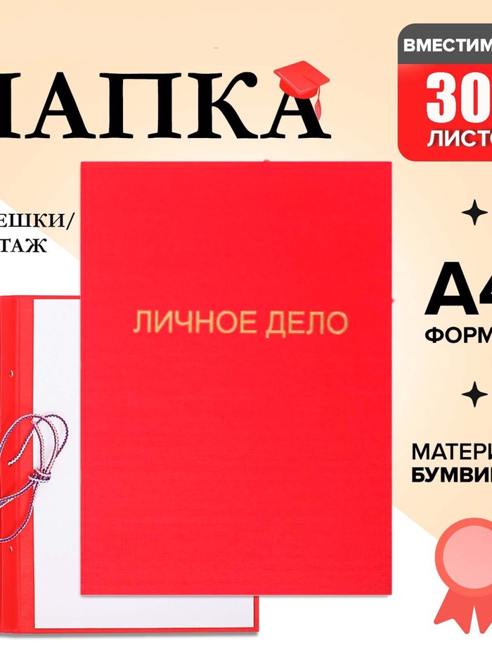 Папка «Личное дело», бумвинил, гребешки/сутаж, без бумаги, красная (вместимость до 300 листов) - Фото 1