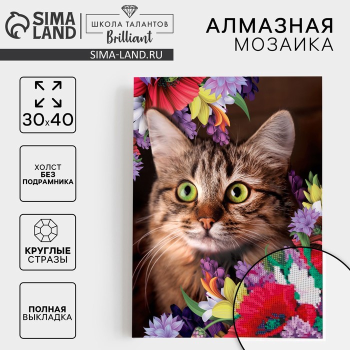 

Алмазная мозаика с полным заполнением «Кот в цветах» 30х40 см, холст, ёмкость