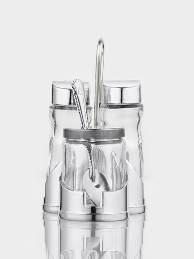 Набор для специй Доляна «Стиль», 3 предмета: сахарница с ложкой 80 мл, солонка и перечница 50 мл, подставка-салфетница, стекло, прозрачный