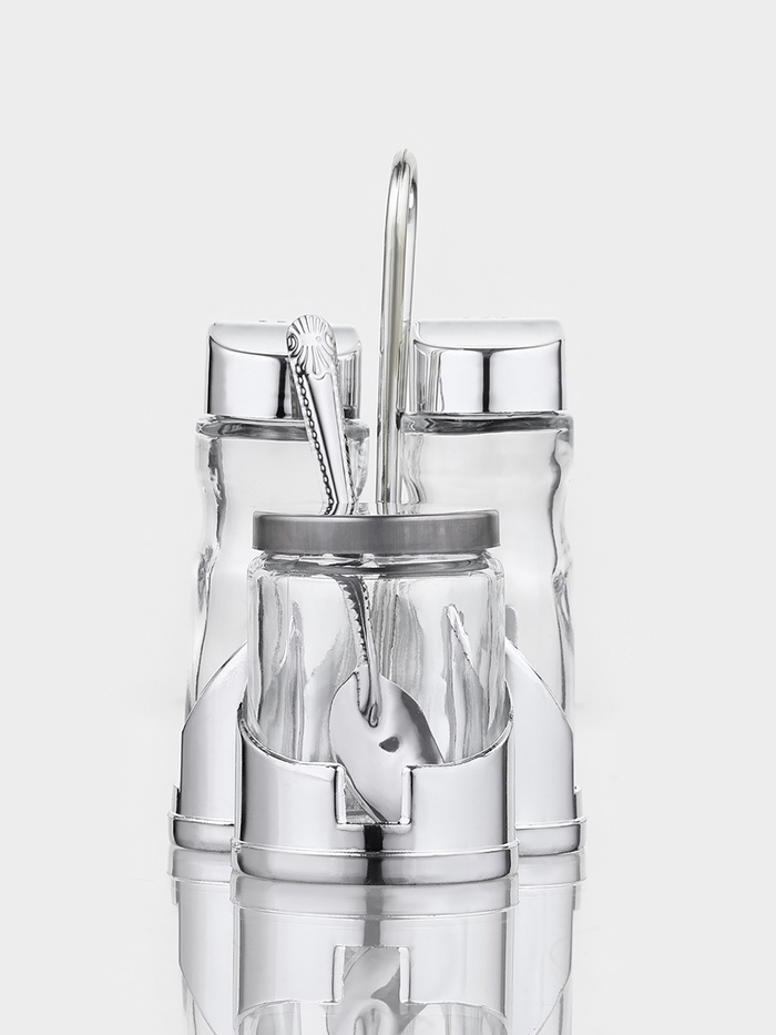 Набор для специй Доляна «Стиль», 3 предмета: сахарница с ложкой 80 мл, солонка и перечница 50 мл, подставка-салфетница, стекло, прозрачный - Фото 1