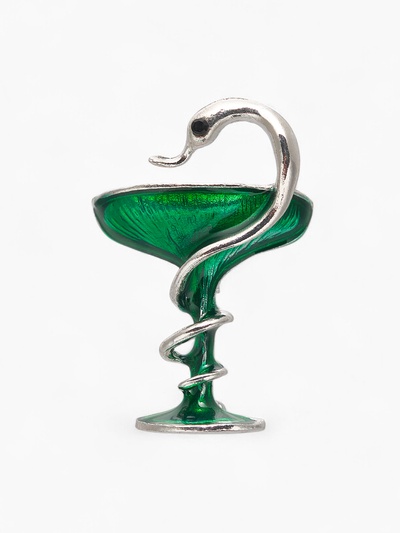 Брошь «Змея в геральдике» знак медицины, цвет зелёный в серебре