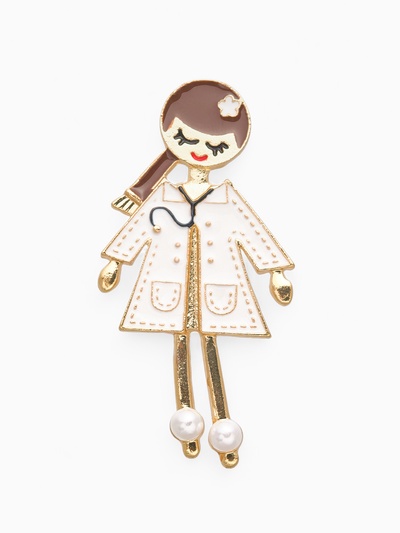 Брошь «Доктор» девушка, бело-коричневая в золоте