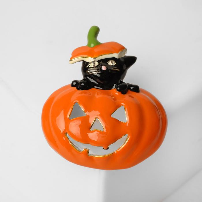 Брошь «Котёнок» в тыкве, цвет оранжево-чёрный в золоте - Фото 1
