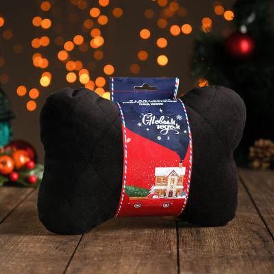 Подушка автомобильная подарочная, косточка, на подголовник, "Новый год", велюр, чёрный, 18х26 см