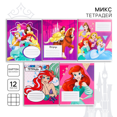Тетрадь в клетку 12 листов, 5 видов МИКС, обложка мелованный картон, «Принцессы»