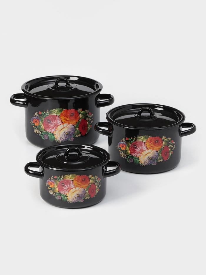 Набор кастрюль эмалированных «Жостово», 3 шт.: 1.5 л, 2.9 л, 4.5 л, чёрный - Фото 1