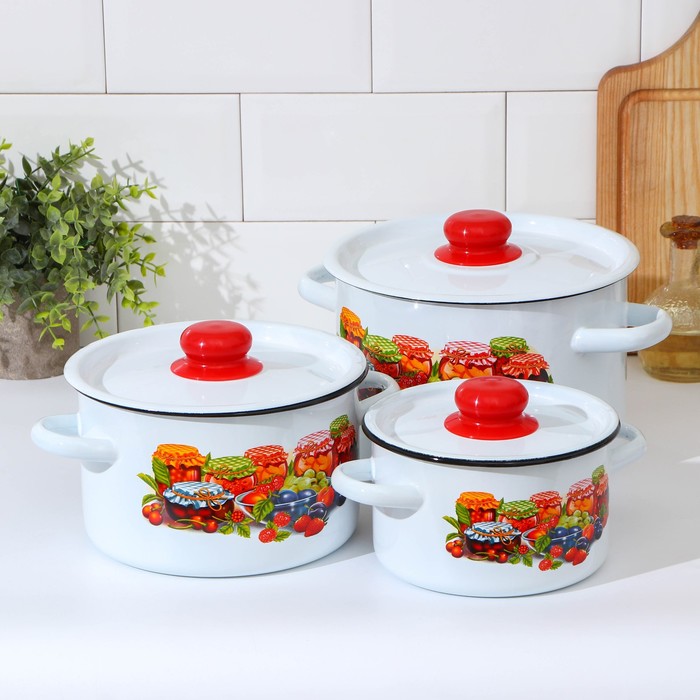 Набор посуды «Варенье», 3 предмета: 1,5 л, 2,9 л,4,5 л, индукция, цвет белый - Фото 1