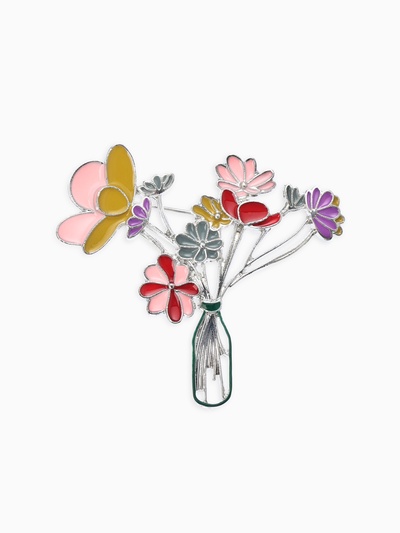 Брошь «Цветы» в вазе, цветная в серебре