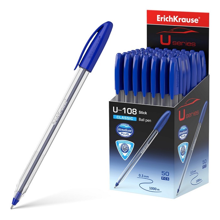 Ручка шариковая ErichKrause U-108 Classic Stick, игольчатый узел 1,0 мм, чернила синие, ультра-мягкое письмо - Фото 1