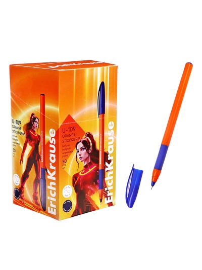 Ручка шариковая ErichKrause U-109 Orange Stick&Grip, узел 1 мм, синяя, резиновый упор