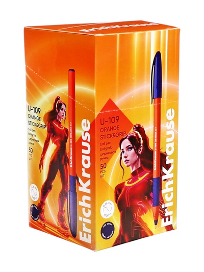 Ручка шариковая ErichKrause U-109 Orange Stick&Grip, узел 1 мм, синяя, резиновый упор