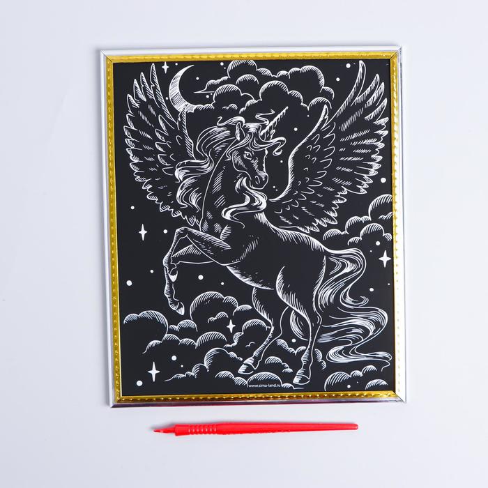 Гравюра в рамке «Единорог в облаках» с металлическим эффектом «серебро» - фото 1889508343