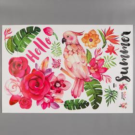 Наклейка интерьерная цветная «Розовый какаду и цветы», 60×90 см