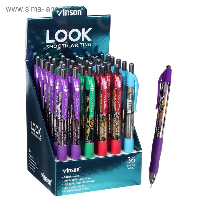 Ручка шариковая, автоматическая Vinson 0.7 мм, стержень масляный синий, с резиновым держателем, корпус МИКС