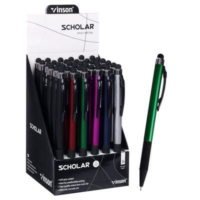 Ручка шариковая Vinson. SCHOLAR, автоматическая, синий стержень, узел 0.7 мм, на масляной основе, резиновый упор, МИКС