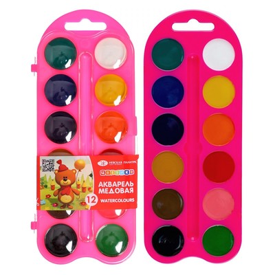 Акварель медовая «ЗХК. Цветик», 12 цветов, розовый пластиковый футляр, без кисти