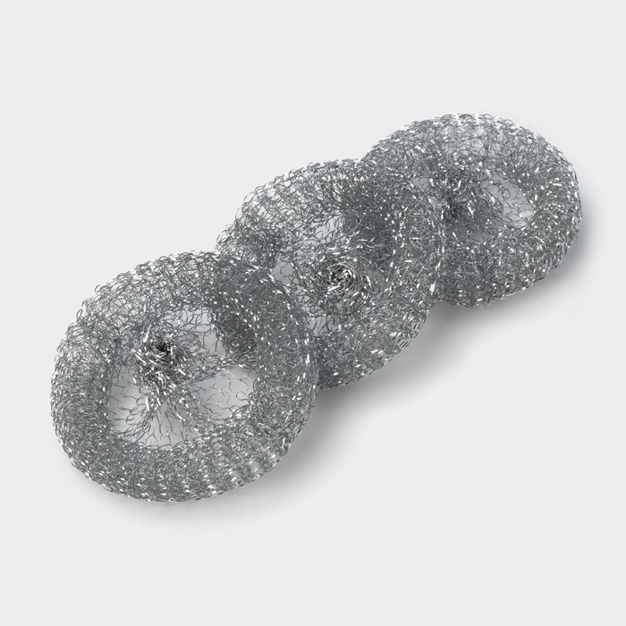 Губки для посуды Доляна, 3 шт., металлическая, 9×9×2 см - Фото 1