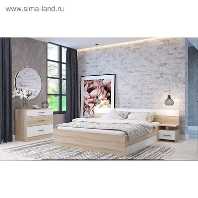 Спальный гарнитур «Леси», кровать 1600 мм, тумбы 2 шт., комод, дуб сонома/белый