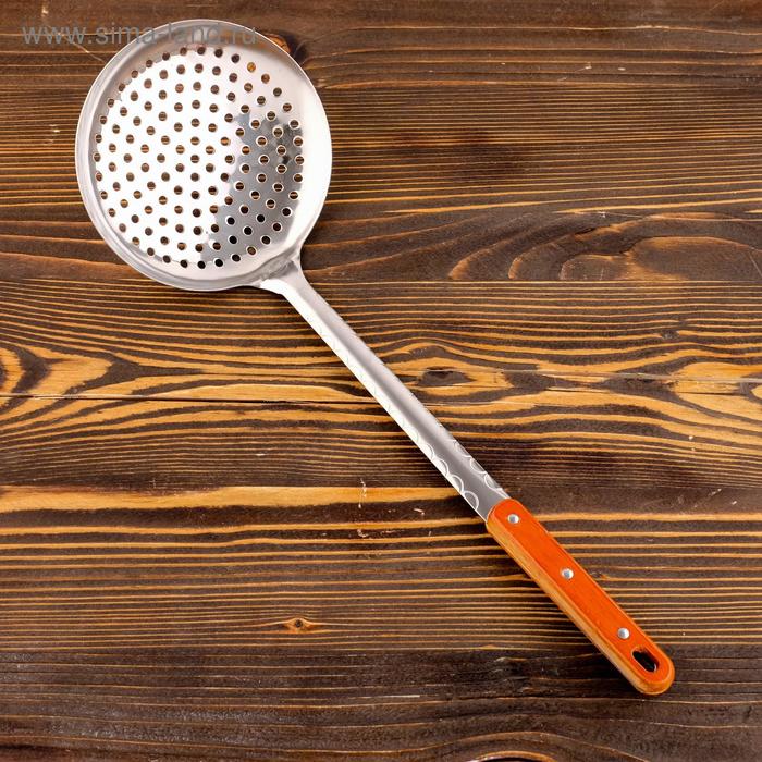 Шумовка для казана Шафран, 43 см, диаметр 16 см, узбекская, с деревянной ручкой, металл - Фото 1