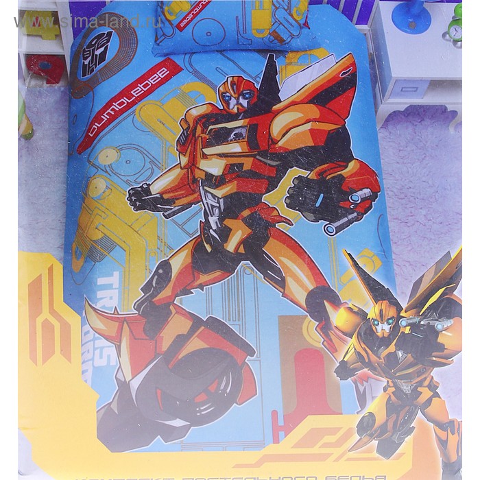 Постельное бельё Transformers на голубом фоне 1,5 сп., размер 145х210 см, 150х215 см, 50х70 см-1 шт. - Фото 1