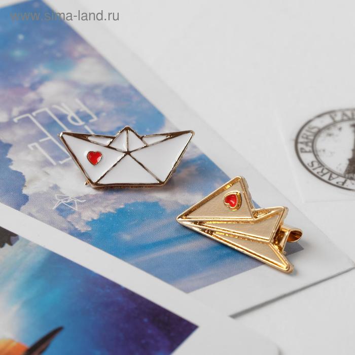 Набор брошей (2шт) «Кораблик и самолёт», цвет красно-белый в золоте - Фото 1