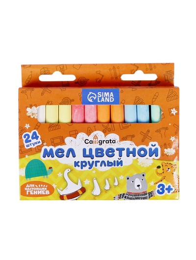 Мел школьный цветной, 6 цветов, круглый беспыльный, 24 штуки, в картонной коробке