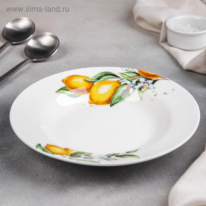 Тарелка фарфоровая глубокая Доляна «Лимон», d=20 см, цвет белый - Фото 1