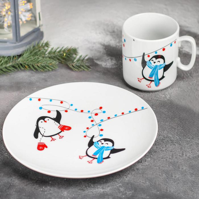 Набор посуды «Пингвины», 2 предмета: кружка, тарелка - Фото 1