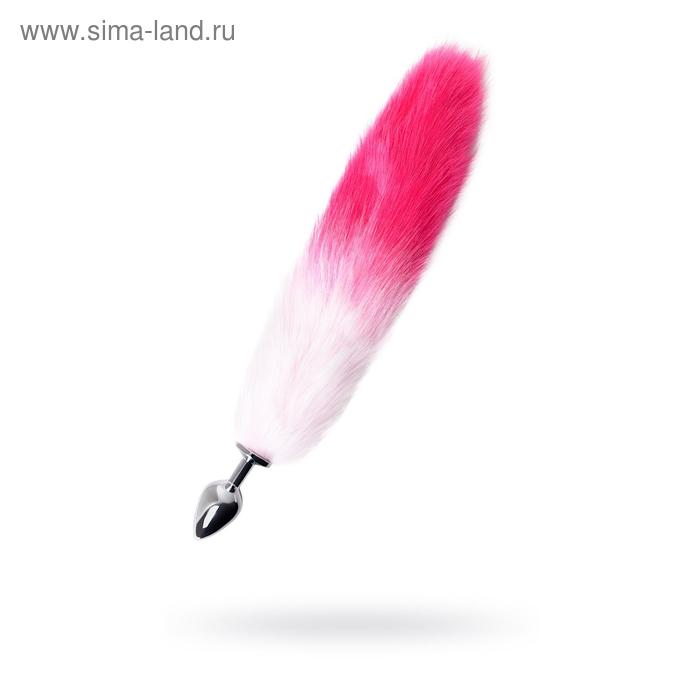 Анальная пробка, с бело-розовым хвостом, металл, серебристый, 45 см, d=3,3 см - Фото 1