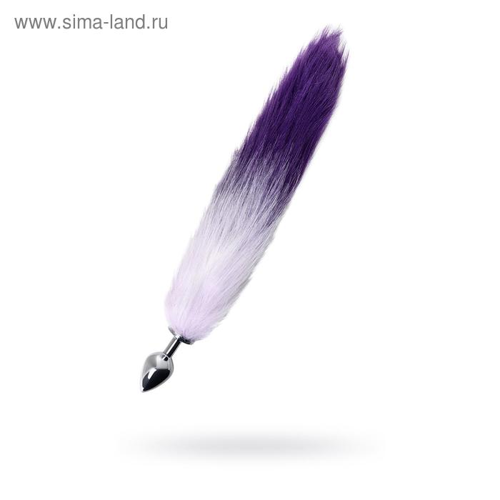 Анальная пробка, с бело-фиолетовым хвостом, металл, серебристый, 45 см, d=3,3 см - Фото 1