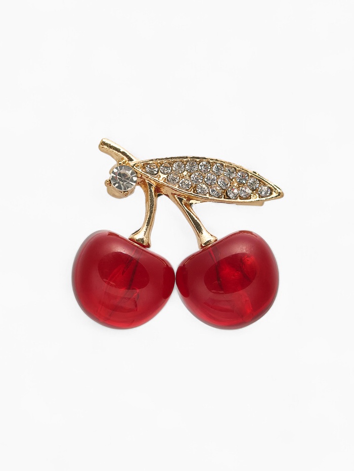Брошь «Вишни», наливные, красно-белая в золоте - Фото 1