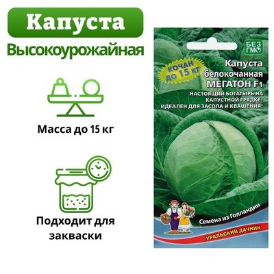 Семена Капуста белокочанная «Мегатон», F1, 10-12 шт., «Уральский дачник»