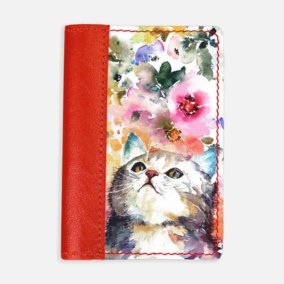 Обложка на паспорт комбинированная "Цветы и кот" красная, белая вставка