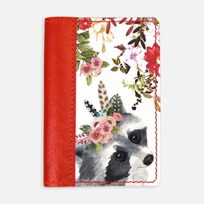 Обложка на паспорт комбинированная "Цветы и енот" красная, белая вставка