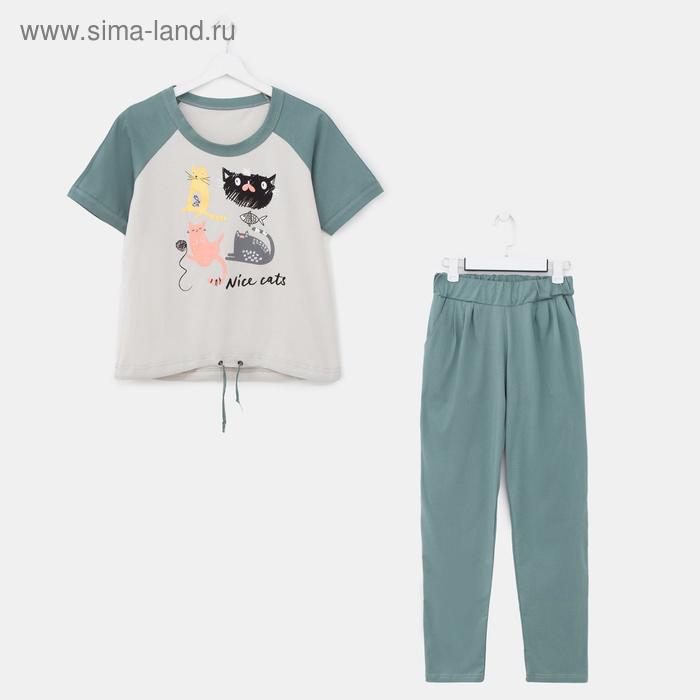 Комплект женский (футболка, брюки), цвет зелёный, размер 44 - Фото 1