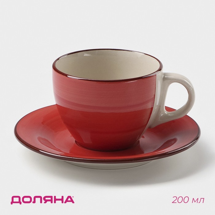 Чайная пара керамическая Доляна «Морской мир», чашка 200 мл, блюдце d=14,5 см, цвет красный - Фото 1