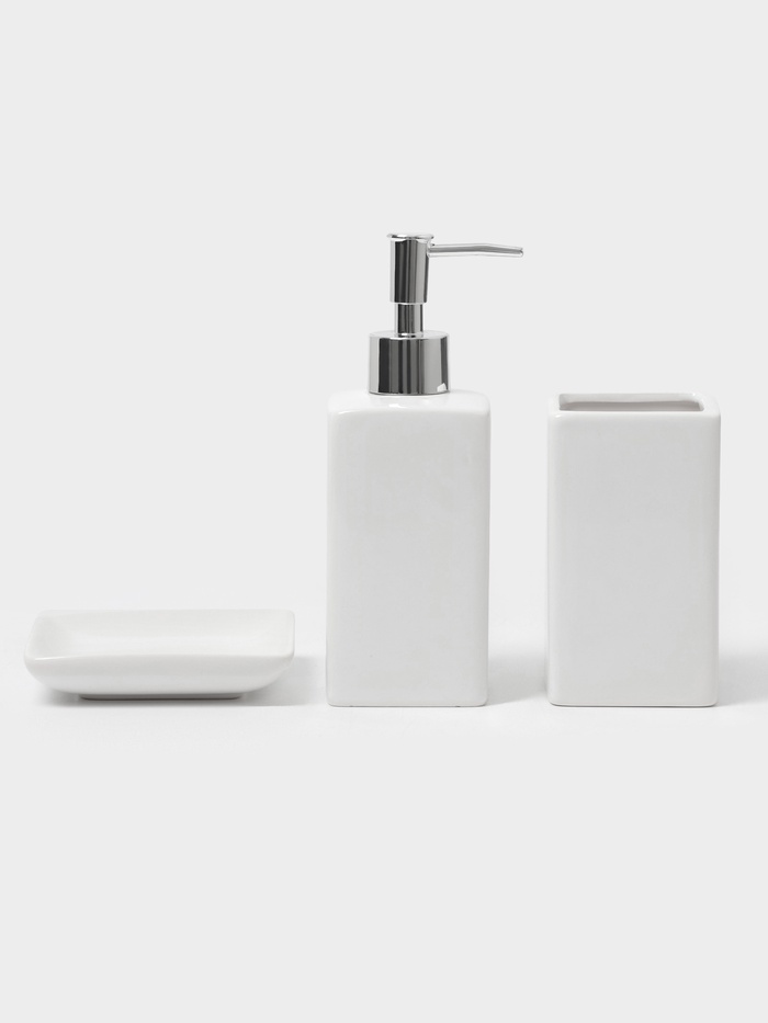 Аксессуары для ванной «Лодж», 3 предмета: мыльница, дозатор для мыла 350 мл, стакан, белые - Фото 1