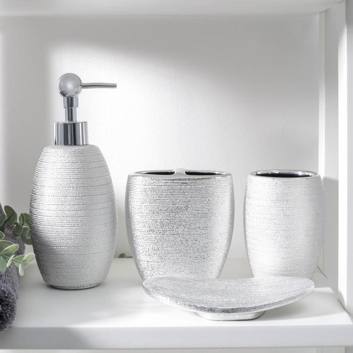 Набор аксессуаров для ванной комнаты «Камилла», 4 предмета (мыльница, дозатор для мыла 480 мл, 2 стакана), цвет серебро - фото 1905713546