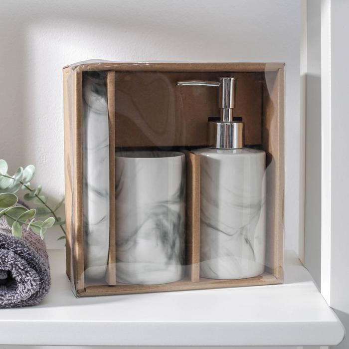 Набор аксессуаров для ванной комнаты «Сила», 3 предмета (мыльница, дозатор для мыла 350 мл, стакан), цвет серый - фото 1905713557