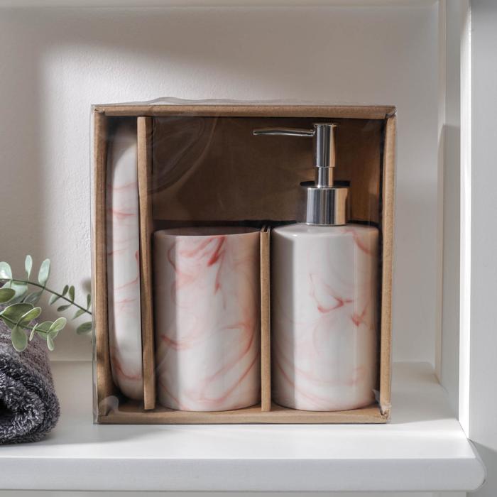 Набор аксессуаров для ванной комнаты «Сила», 3 предмета (мыльница, дозатор для мыла 350 мл, стакан), цвет персиковый - фото 1905713560