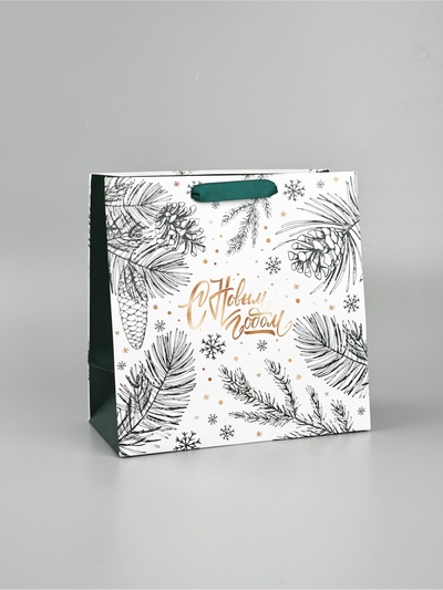 Пакет подарочный ламинированный квадратный «Еловые шишки», 22×22×11 см