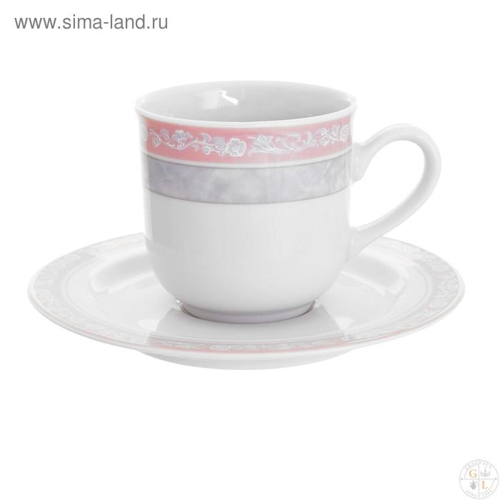 Чашка 215 мл с блюдцем 150 мм высокая Jana, декор «Серый мрамор с розовым кантом» - Фото 1
