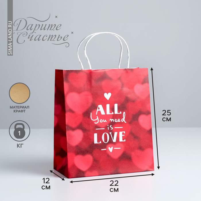 Пакет подарочный крафт, упаковка, «All you need is love», 22 х 25 х 12 см