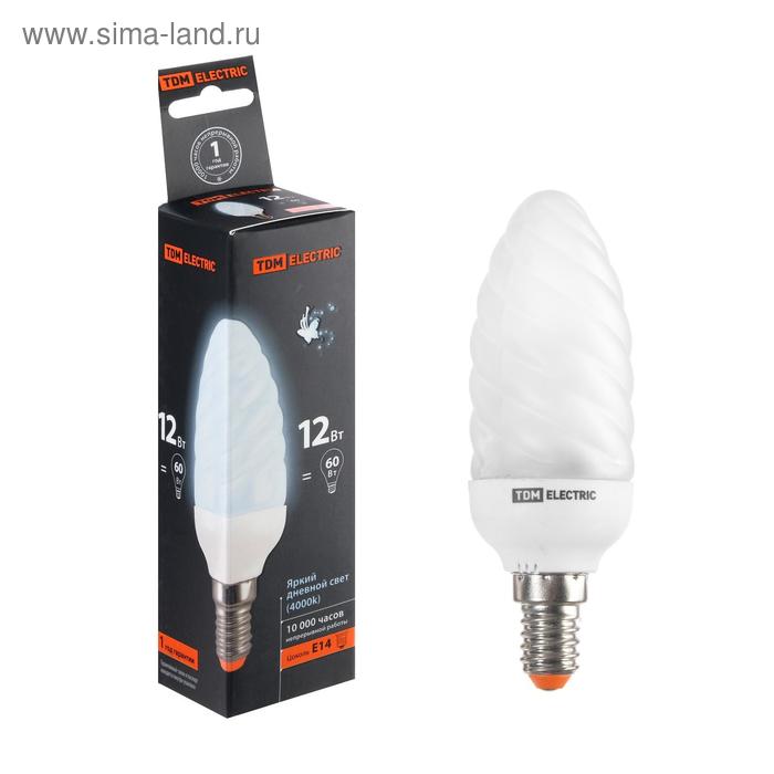 Лампа энергосберегающая TDM "витая свеча", Е14, 12 Вт, 4000 К - Фото 1